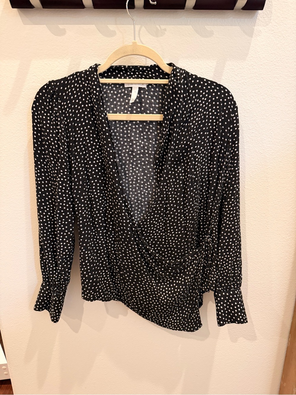 Leith Black & White Polka Dot Wrap Blouse — Size Small